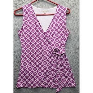 41 Hawthorn Faux Wrap Top Womens Small Multi Geometric Stretch V-Neck Tie Waist